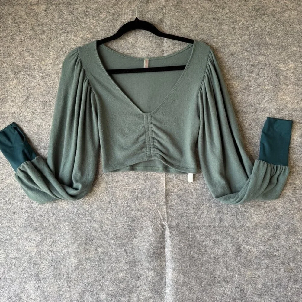 Intimately Free People Green Puff Sleeve Modal Ruched Front Crop Top Size XS